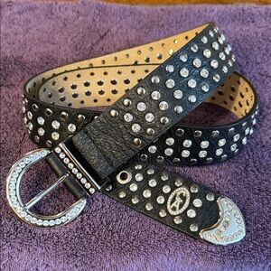 CAbi Black Leather Studded Belt with Rhinestone Buckle